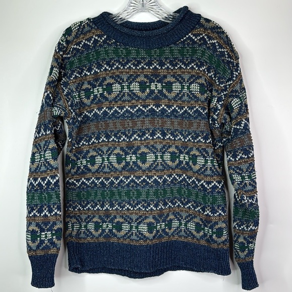 Vintage Winona Cotton Crewneck Blue Green Knit Sweater Size Small - Picture 1 of 8